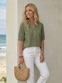 EMERY ROSE Camisa verde militar 100% algodón para mujer, versátil para el trabajo, el transporte, el uso casual y las vacaciones - Negro - Ver 5