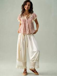 SoleilVie Blusa con cuello cuadrado, abotonada, con parches de encaje floral y mangas con volantes - Rosa Pálido - Ver 6