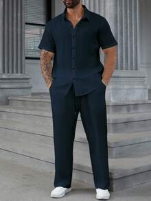 Manfinity Homme 大尺碼男士休閒純色襯衫與長褲兩件套，夏季，正式 - 藏蓝色 - 查看 4