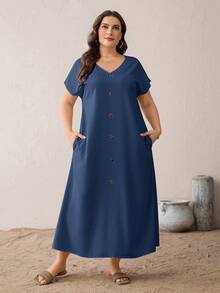 SHEIN Essnce Plus-Size Women's Dark Blue,Summer,Boho,Vacation,Holiday Casual Loose V-Neck Long Dress With Pockets,Everyday Versatile Simple Style Outfits - Navy Blue - View 7