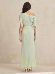 SHEIN Tall 女士纯色不对称褶皱短袖优雅连衣裙 - 灰綠 - 查看 2