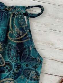 SHEIN LUNE Áo tank top cổ yếm phong cách tối giản, thoải mái, kiểu bohemian, retro, họa tiết hoa màu xanh lá cây bạc màu, phù hợp cho các lễ hội âm nhạc, trang phục đi biển, trang phục nghỉ mát, trang phục mùa hè cho nữ, áo tank top cổ yếm cho nữ mùa xuân/hè. - Nhiều màu - Xem 3