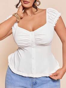 SHEIN BAE Plus Size Women's Elegant Silky All White Summer Top, Petal Sleeve Frill Trim Fitted Cropped Camisole, Ruffle Hem Bodycon Y2K Party Birthday Date - White - View 3