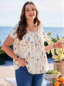 EMERY ROSE Camisa Casual de Manga Curta com Estampa Floral Completa para Mulheres Plus Size, Estilo Boho para Mulheres/Verão, Looks de Férias para Mulheres - Multicolorido - Visão 4