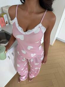 ZzzCrew Heart Print Lace Camisole & Pants Pajama Set - Pink - View 7