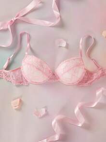 Elorette Pink Lace Patchwork Underwire Bra, High Support, Romantic & Elegant Women's Lingerie - Pink - View 8