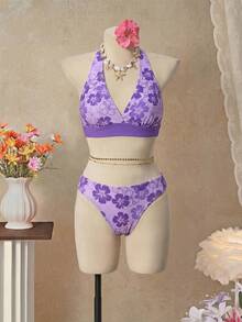 Bellisia 26SS 春夏沙滩度假紫色吊带三角比基尼上衣+迷你裙三件套 - 彩色 - 查看 4