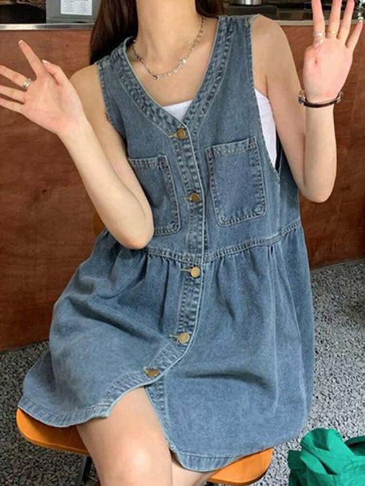 Women's V-Neck Single-Breasted Casual Pocket Strap Denim Dress Summer Sun Dresses For Women