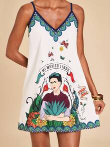 Travachic Frida Kahlo X SHEIN Women's Casual Frida Collaboration Floral & Peacock Print Mini Dress, Chic For Spring/Summer, Suitable For Vacation & Beach - Multicolor - View 6