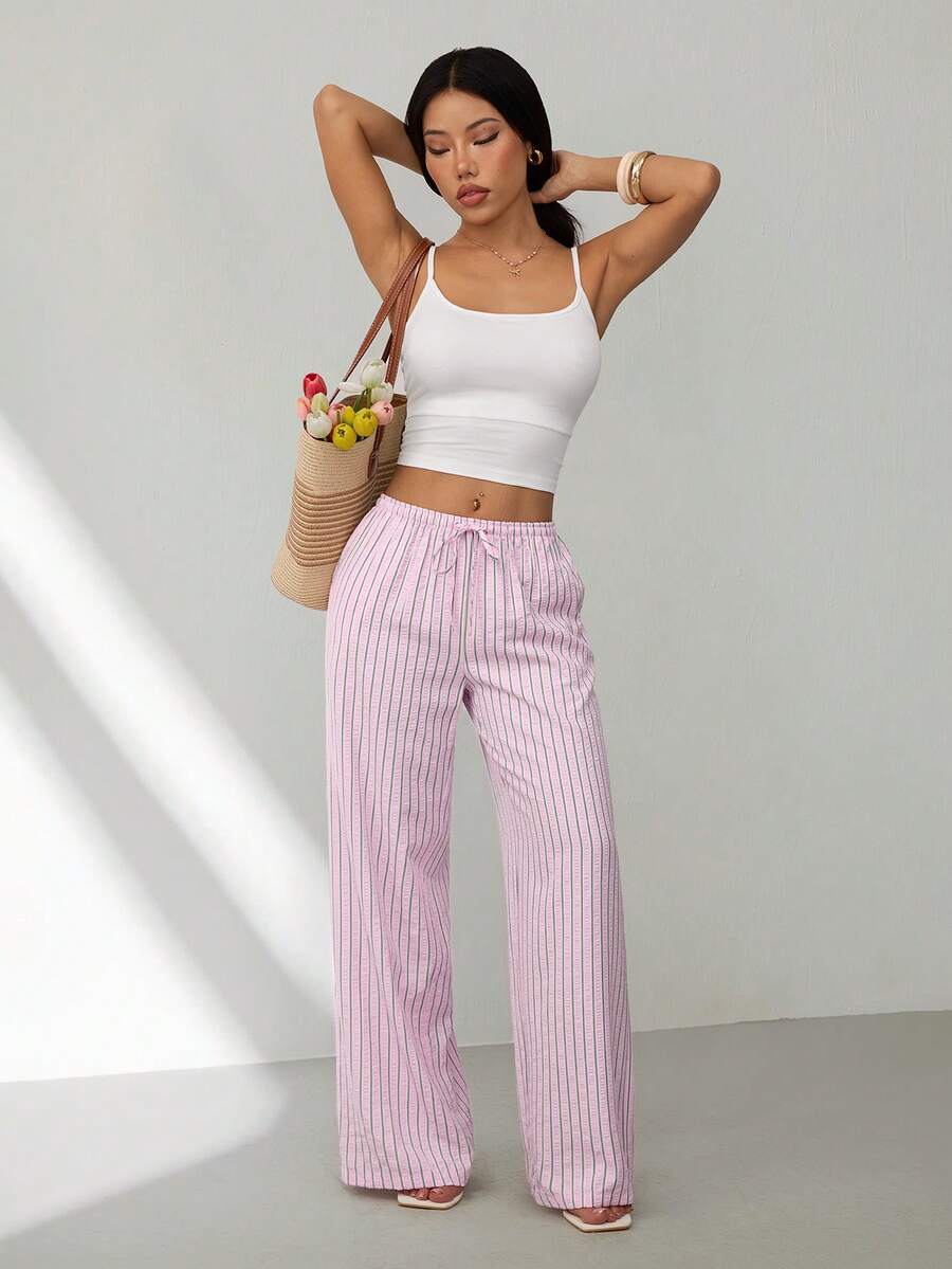 SHEIN PETITE Women's Pink Striped Casual Pants, Suitable For Summer Vacation - Pink - View 1