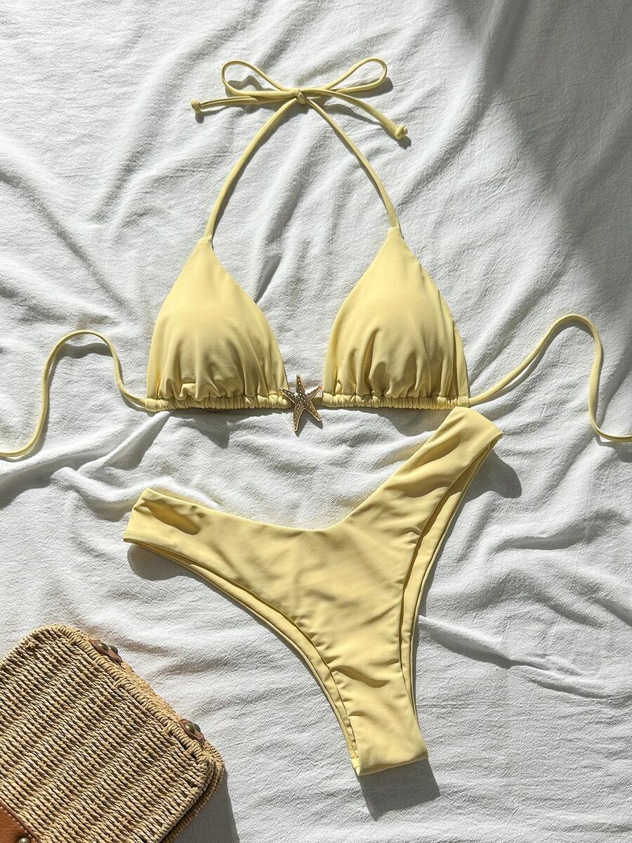 Swim Mod Women's Solid Color Spaghetti Strap Metal Decor Sexy Bikini Set, Summer - Yellow - View 1