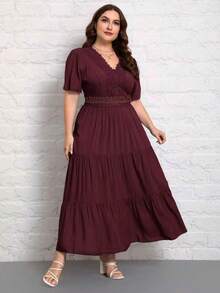 SHEIN VCAY Plus Size Solid Color V-Neck Short Sleeve Pleated Casual Long Dress - Red Violet - View 5