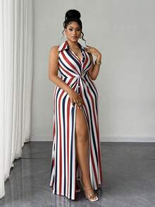 Maweii Plus Size Women's Elegant Colorful Striped Casual Striped Knit Twist Design Long Dress - Multicolor - View 4