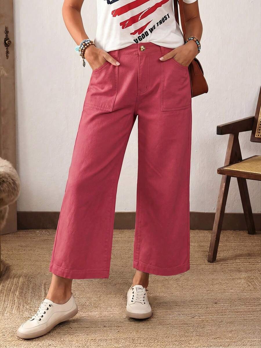 EMERY ROSE Plus Size Women Casual Loose Fit Wide Leg Jeans, Suitable For Vacation, Daily Commute - Red - View 1