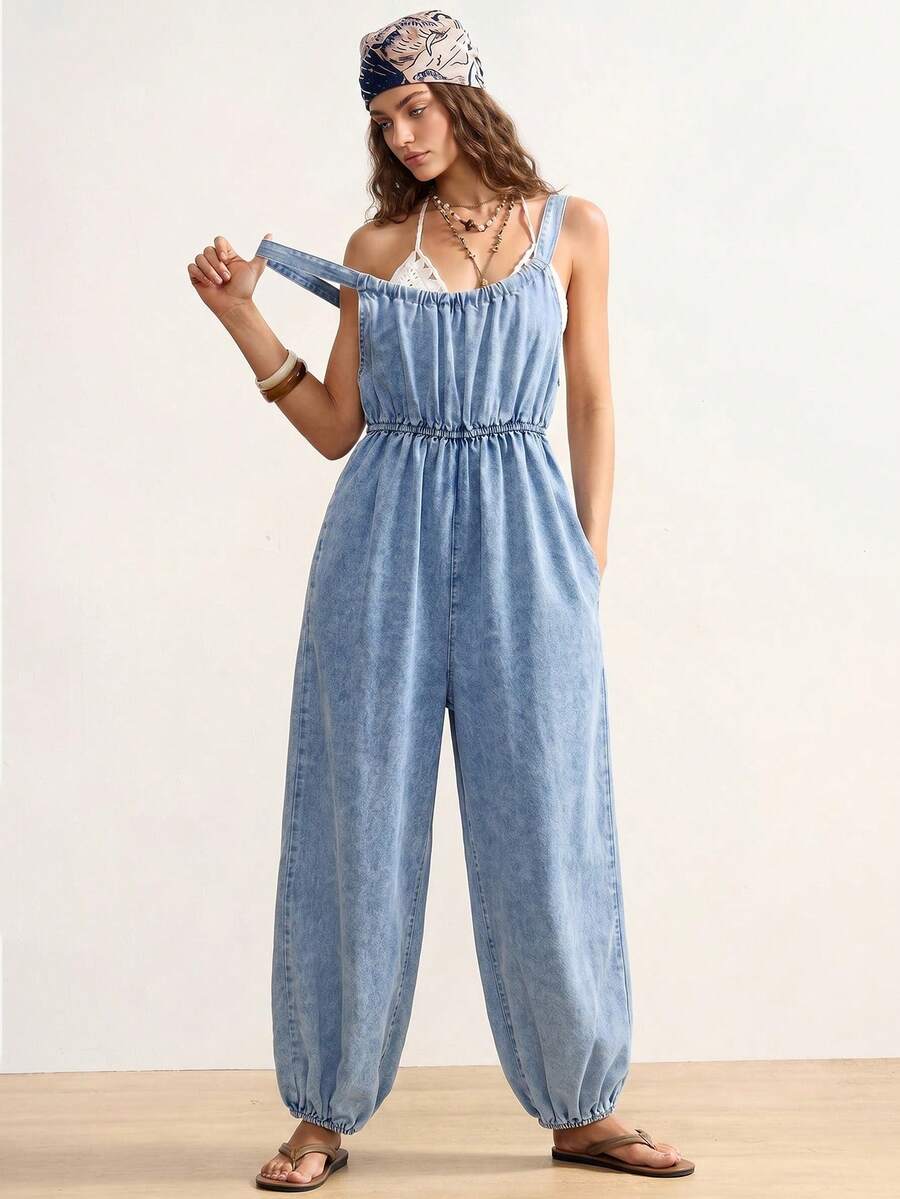 Bohemela Mono vaquero minimalista y versátil con bolsillos para mujer - Lavado ligero - Ver 1
