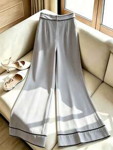 SHEIN Holidaya Quần màu be với viền lượn sóng màu đen, quần ống rộng cạp cao kiểu vintage dành cho người đi làm, trang phục đa năng mặc hàng ngày. - Xám - Xem 2