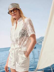 Zovinel Nueva blusa de verano de manga corta con cuello alto de organza y estampado jacquard, estilo francés - Blanco - Ver 6