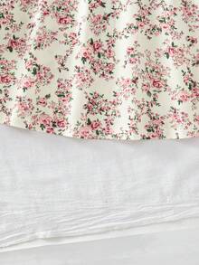 SHEIN 2件套女童时尚粉色罗纹露脐上衣和印花系带露肩吊带迷你连衣裙套装，适合春夏女童服装套装、夏季女童套装、春季套装、连衣裙、夏季连衣裙、粉色连衣裙 - 粉色 - 查看 12