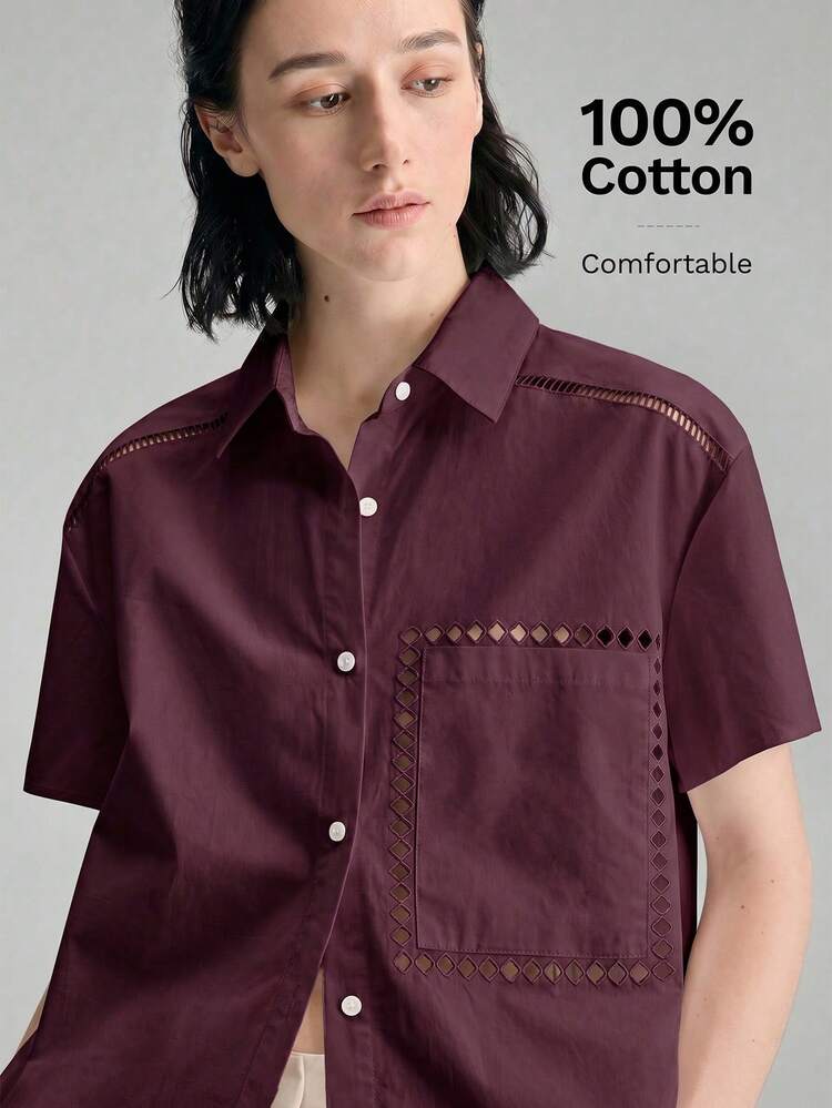 Women's Burgundy Summer 100% Cotton Shirt,Lace Patchwork Hollow Embroidered Pocket Casual Office Wear,Elegant Wedding Guest Outfit,French Urban Chic