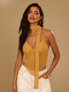 Denimoi Sheer Mesh White Backless Halter Top With Scarf Golf Summer Sexy - Yellow - View 5