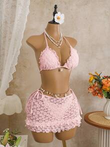 Bộ bikini 3 mảnh Swim Mod, màu trơn, họa tiết hoa, chất liệu giả vỏ sò ánh ngọc trai, áo bikini tam giác buộc dây bên hông và chân váy xếp ly, bộ đồ bơi gợi cảm cho kỳ nghỉ xuân/hè. - Màu Hồng baby - Xem 5