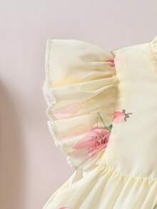 SHEIN 女嬰時尚休閒度假花卉圖案蝴蝶結蛋糕裙，適合春季、夏季、秋季、度假、節日、派對、日常穿著 - 黃色 - 查看 4