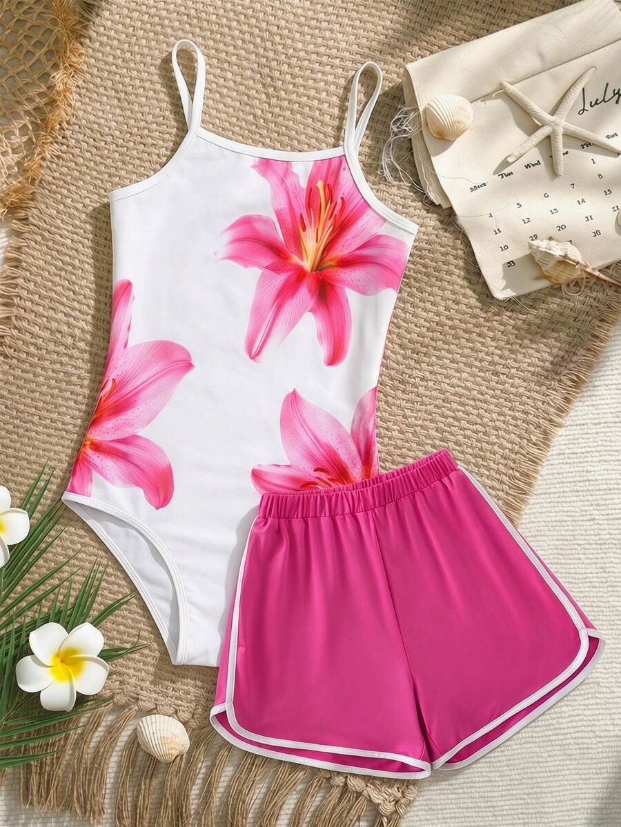SHEIN Conjunto de 2 piezas de niña adolescente con estampado floral, tirantes finos, gráfico de letras y pantalón corto para el verano - Rosa Fucsia - Ver 1