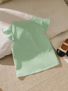 SHEIN Young Girl Solid Color Round Neck Ruffle Hem Loose Casual T-Shirt - Green - View 2