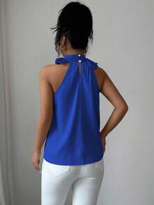 Balvessa Women's Solid Color Ruffle Pleated Sleeveless Blouse, Intellectual And Elegant - Blue - View 2
