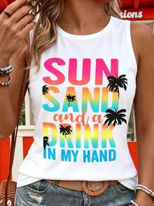 Maweii Plus Size Summer Vacation Letter & Coconut Tree Print Tank Top - White - View 3
