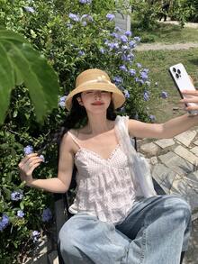 DAZY 女士波点吊带休闲荷叶边下摆度假背心 - 白色 - 查看 5