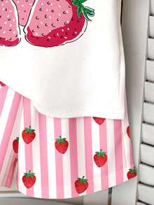 Baby Girl Cute 2-Piece Set,Pink And Yellow Summer Family Matching Cream White Stripe Strawberry Print Round Neck Short Sleeve T-Shirt&Shorts Set - Multicolor - View 6