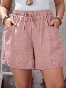 Rosumi Plus Size Women's Solid Color Pocket Pink  Shorts, Summer Vacation - Dusty Pink - View 9