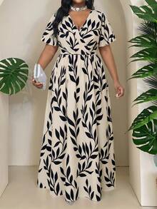 SHEIN Lady Đầm dự tiệc mùa hè dáng rộng in họa tiết lá cây cho nữ cỡ lớn, xếp ly, thích hợp cho các dịp thường ngày. - Nhiều màu - Xem 6