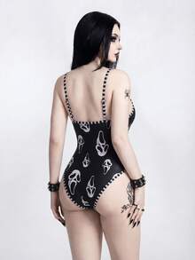 ROMWE Goth 26SS 哥特骷髅头V领连体泳衣，女士，春夏款 - 黑與白 - 查看 2