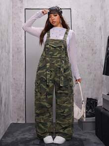 Jeanoix 大码女式迷彩工装口袋纽扣牛仔连体裤 - 彩色 - 查看 6