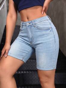 SHEIN Essnce Women's Pocket Skinny Casual Versatile Denim Shorts - Light Wash - View 5
