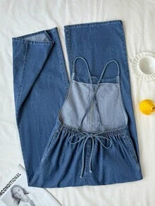 SHEIN PETITE Bộ áo liền quần denim dáng rộng thoải mái dành cho nữ, có túi. - Rửa tối - Xem 2