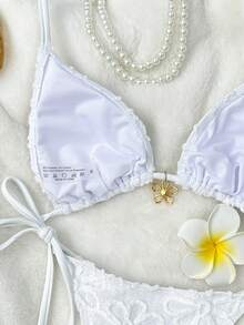 Swim Mod 2pcs/Set Solid Color Sunflower Fabric Triangle Halter Front Chest Fashion Metal Flower Decor Cute Influencer Vacation Bikini Swimwear For Women - White - View 5