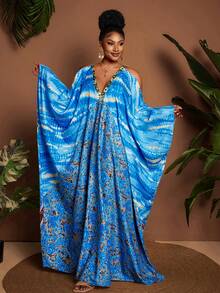 Maweii Plus-Size Women's V-Neck, Large Batwing Sleeve, Blue Floral Print, Loose-Fitting Maxi Dress With A Full Skirt; Suitable For Summer, Vacation, And Casual Wear. - Blue - View 5