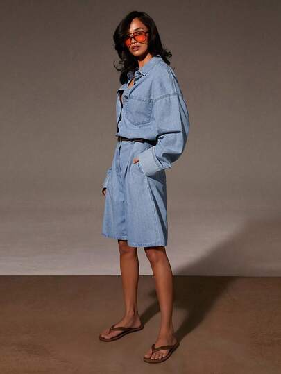 Athîral Denim Bộ áo liền quần dài tay nữ kiểu dáng thường ngày, áo liền quần denim xanh, denim bạc màu, áo liền quần thường ngày.