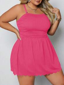 SHEIN CURVE+ Plus Size Women Ruched Spaghetti Strap Tankini Top And Triangle Bottoms Swimsuit Set - Hot Pink - View 3