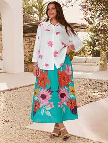 EMERY ROSE Plus Size Women Floral Print Shirt And Skirt Set, Vacation Gym Brown Autumn - Multicolor - View 3