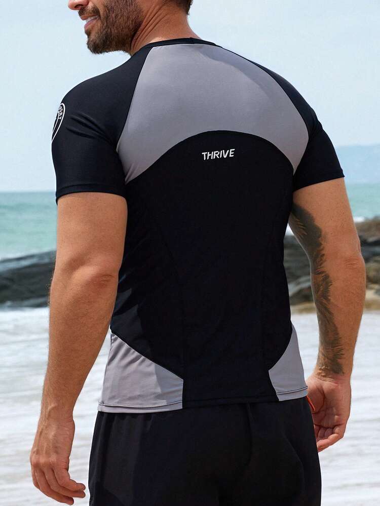 Letter Print Patchwork Contrast Color Men's Rash Guard Swimwear