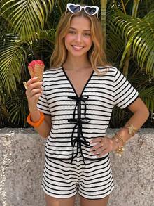 SHEIN Teen Girls Summer New Knit Textured Striped Bow Front Short Sleeve Top And Shorts Set - Black and White - View 8