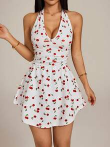SHEIN PETITE Đầm cổ yếm in hình quả anh đào - Đỏ và trắng - Xem 5