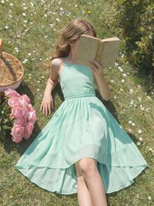 Tween Girls' Chiffon Halter Backless High-Low Formal Elegant Dress, Mint Green Summer Bridesmaid Wedding Guest Banquet Birthday Party Outfit - Green - View 2