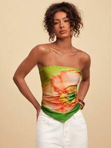 Travachic Top halter sin espalda con nudo delantero y estampado floral, adecuado para vacaciones de primavera/verano - Multicolor - Ver 4