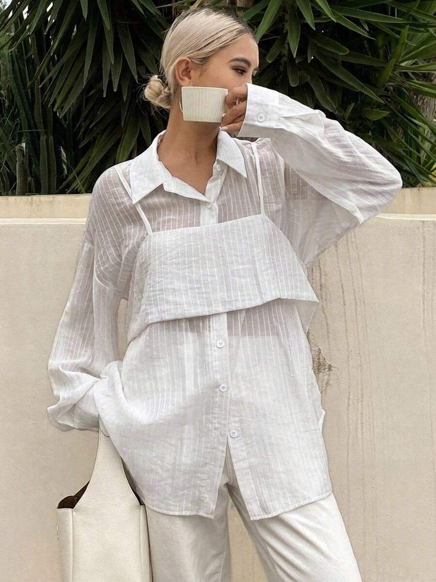 Livesso Women's Striped Loose Casual Shirt, New Arrival For Autumn - White - View 1