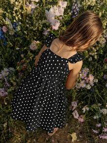 SHEIN Young Girl Woven Polka Dot Square Neck Ruffle Hem Casual Dress - Black - View 3